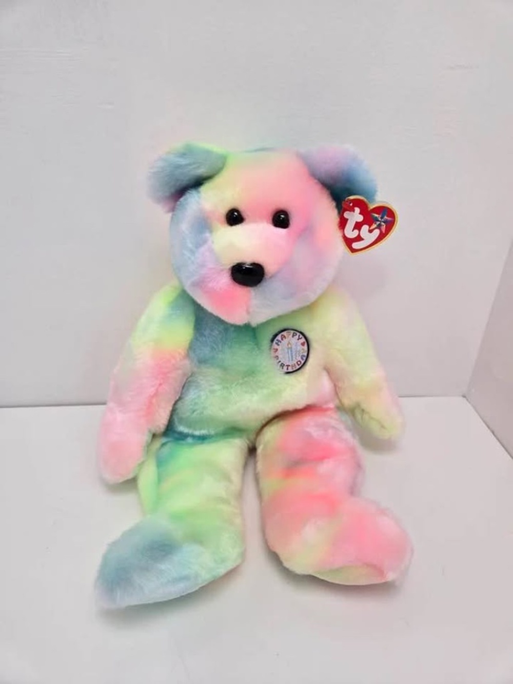 Ty Beanie bear Buddy “B.B. Bear” the Happy Birthday Tie-Dye Bear from 2000, 14"